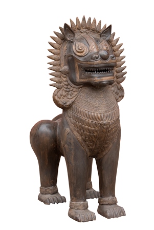 A 20th century bronze Thai temple guardian lion, open mouthed revealing teeth, brown patina, applied