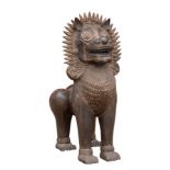 A 20th century bronze Thai temple guardian lion, open mouthed revealing teeth, brown patina, applied