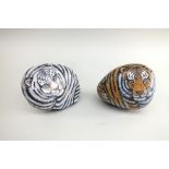 Two painted stones with tiger decoration, both signed "IKU", one with character text, 12cm high