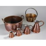 Mixed 19th Century copper ware, to include two 19th Century jam pan's, four haystack jugs, and two