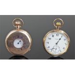 Two gold plated pocket watches, the first a half hunter with blue outer chapter ring and white