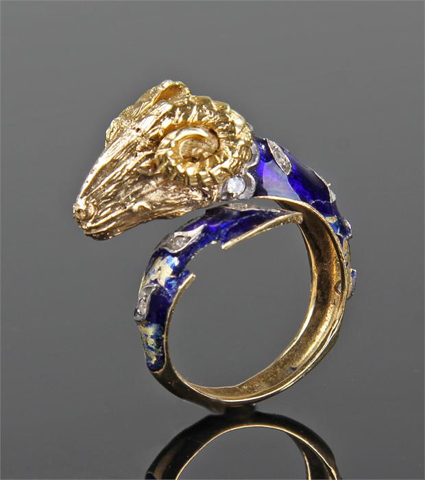 Gold diamond and enamel set Rams head ring, probably 18 carat gold, the ram head with diamond collar