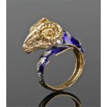 Gold diamond and enamel set Rams head ring, probably 18 carat gold, the ram head with diamond collar