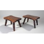 Near pair of late 18th Century oak candle stands, with shaped rectangular tops above turned legs,