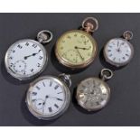 Mixed pocket watches, to include four silver examples and a gold plated example, (5)
