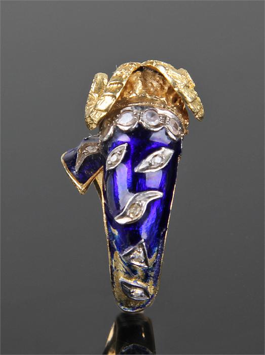 Gold diamond and enamel set Rams head ring, probably 18 carat gold, the ram head with diamond collar - Image 4 of 4
