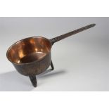 18th Century bronze skillet, named to the handle Rob Street & Co, VI, raised on tri pod legs, 35cm