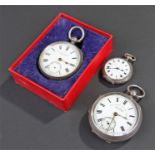 Three silver pocket watches, each with enamel dials, (3)