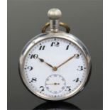 Military chrome pocket watch, the white enamel dial with arabic hours, subsidiary seconds,