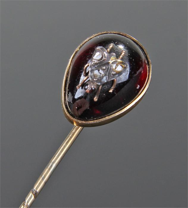 Victorian diamond insect set garnet stick pin, the large garnet with applied diamond set fly, 14mm - Image 3 of 6