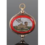 Victorian micro mosaic pocket watch key, the front with doves at a water bowl, the reverse with a