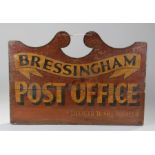 Early 20th Century Bressingham Post Office sign, painted with a red ground, ' Bressingham Post