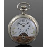 Hebdomas silver plated pocket watch, signed to the white enamel dial Gotham, with show escapement,