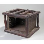 George III oak and steel foot warmer, with oak frame and steel pierced plates, loop handle above,