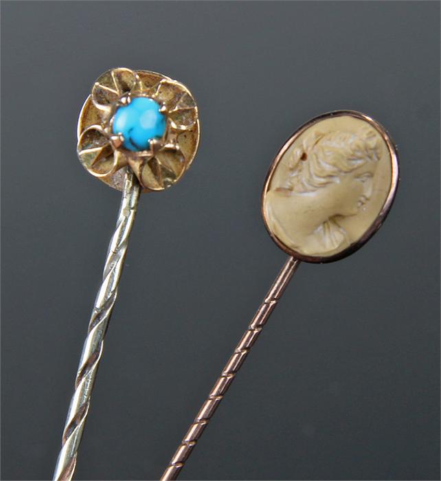 Two cased Victorian stick pins, the first carved with a lava cameo bust, the second set with a - Image 4 of 4