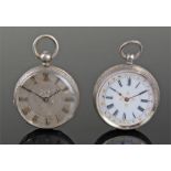 Two Victorian silver open face pocket watches, one with a silvered dial and the other with an enamel