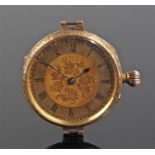 Victorian 14 carat gold open face pocket watch, converted to a wristwatch, the gilt dial with