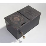 Exceedingly rare early 19th Century Toleware tavern 'honesty box', the dual hinged lid with the