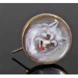 Dog head Essex crystal stick pin, the white fur dog with tongue out and wide eyes, 15 carat gold