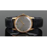 Omega gentleman's gold plated wristwatch, the champagne dial with gilt baton hours, black leather