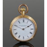 18 carat gold open face pocket watch, American Waltham Watch Co, the white enamelled dial signed