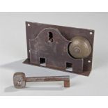 Unusual Victorian alarm lock, the lock plate housing a small bell, with key