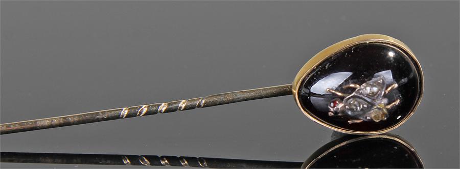 Victorian diamond insect set garnet stick pin, the large garnet with applied diamond set fly, 14mm - Image 2 of 6