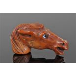 Mid 19th Century fruitwood carved horse head cane top, the horses head carved realistically with