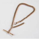 9 carat gold pocket watch chain, with T bar and clip, 33cm long, 42.9 grams