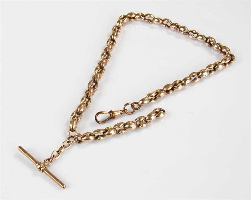 Victorian gold plated pocket watch chain, with shaped links, T bar and clip, 39cm long - Image 2 of 2