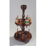 Victorian Scottish laburnum cotton reel holder, with a cup above a turned column, two tiers of