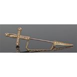 9 carat gold and pearl set stick pin, modelled as a sword, with pearls set the to the hilt and