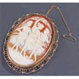 9 carat gold mounted cameo brooch, the cameo carved with three dancing maidens, housed within a 9