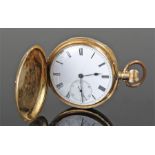 18 carat gold Hunter pocket watch, the plan outer case enclosing a white enamel dial, subsidiary