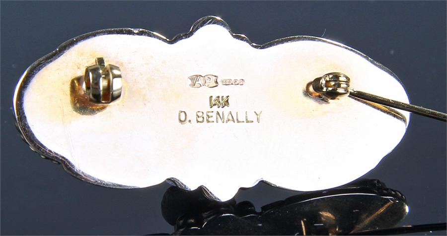 14 carat gold turquoise set brooch, by D Benally, the central square turquoise flanked by a - Image 2 of 4