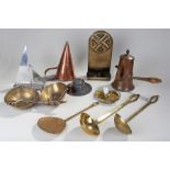 Mixed metal ware, to include a Celtic candle sconce, a skimmer, two ladles, scales, copper coffee