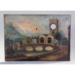 Early 19th Century pocket watch picture, a church next to river and bridge with a town in the