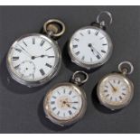Mixed silver pocket watches, each with white enamel dials, four in total, (4)