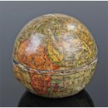 Victorian miniature globe inkwell, paper guaze, the 2" globe with laid paper globe segments, the lid