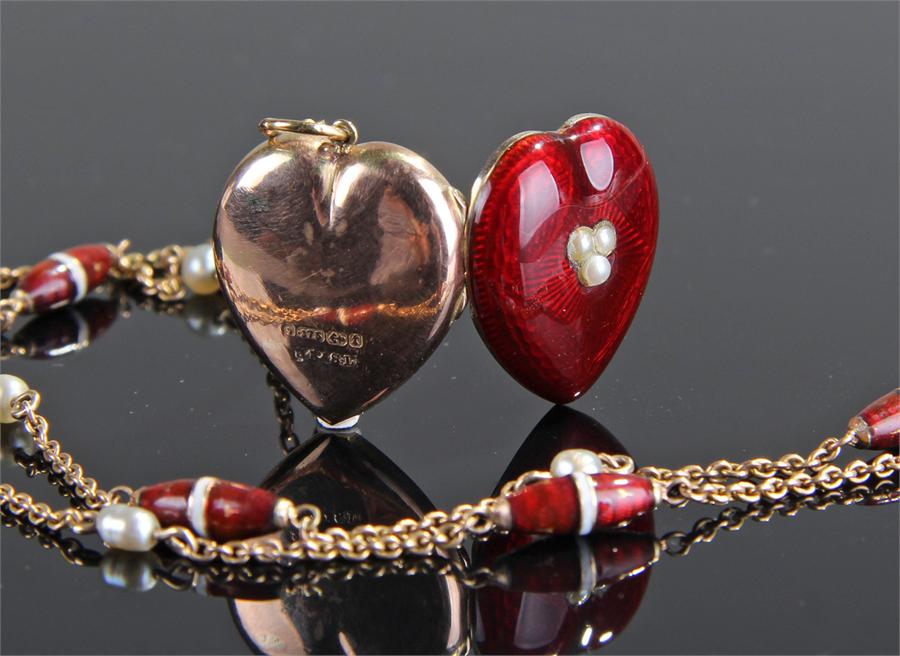 9 carat gold, pearl and enamel set heart locket an - Image 2 of 3