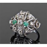 White metal diamond and emerald set ring, the band