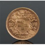 Switzerland gold 20 Franc, Helvetia, 1947