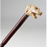 Victorian ivory carved dog head walking stick, the
