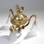 Arts and Crafts brass chandelier, the three hammered arms in the Art Noveau taste, with acid