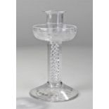 George III glass air twist candlestick, with engra