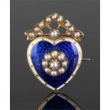 Victorian yellow metal pearl and enamel brooch, th