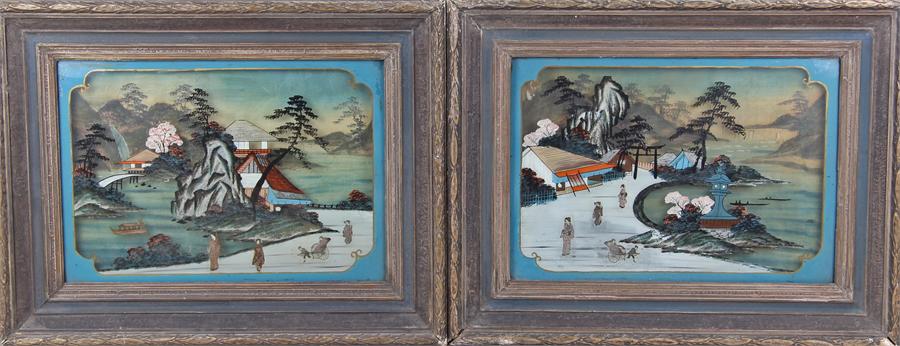 Pair of Japanese paintings on glass, painted to th