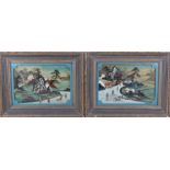 Pair of Japanese paintings on glass, painted to th