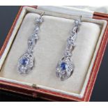 Pair of diamond and sapphire set drop earrings, th