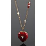 9 carat gold, pearl and enamel set heart locket an